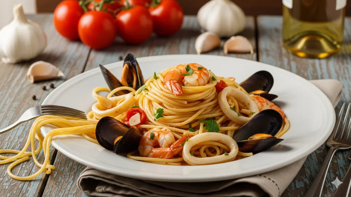 Prato de espaguete com frutos do mar, com camarão, lula e mexilhões, servido em molho de tomate leve e decorado com cheiro-verde.