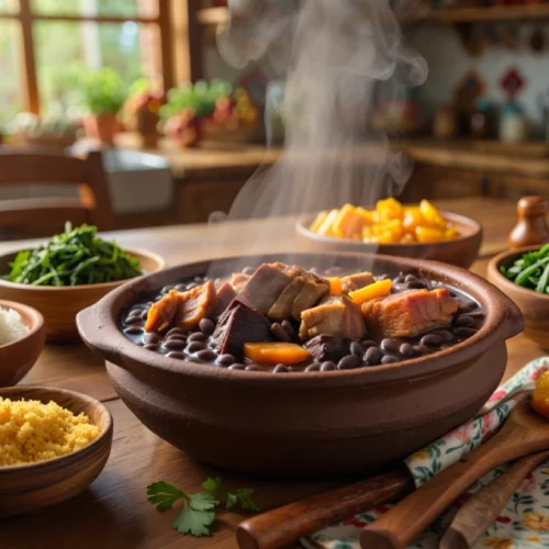 Panela de barro com feijoada sergipana completa, acompanhada de arroz branco, farofa, couve refogada e laranjas frescas.