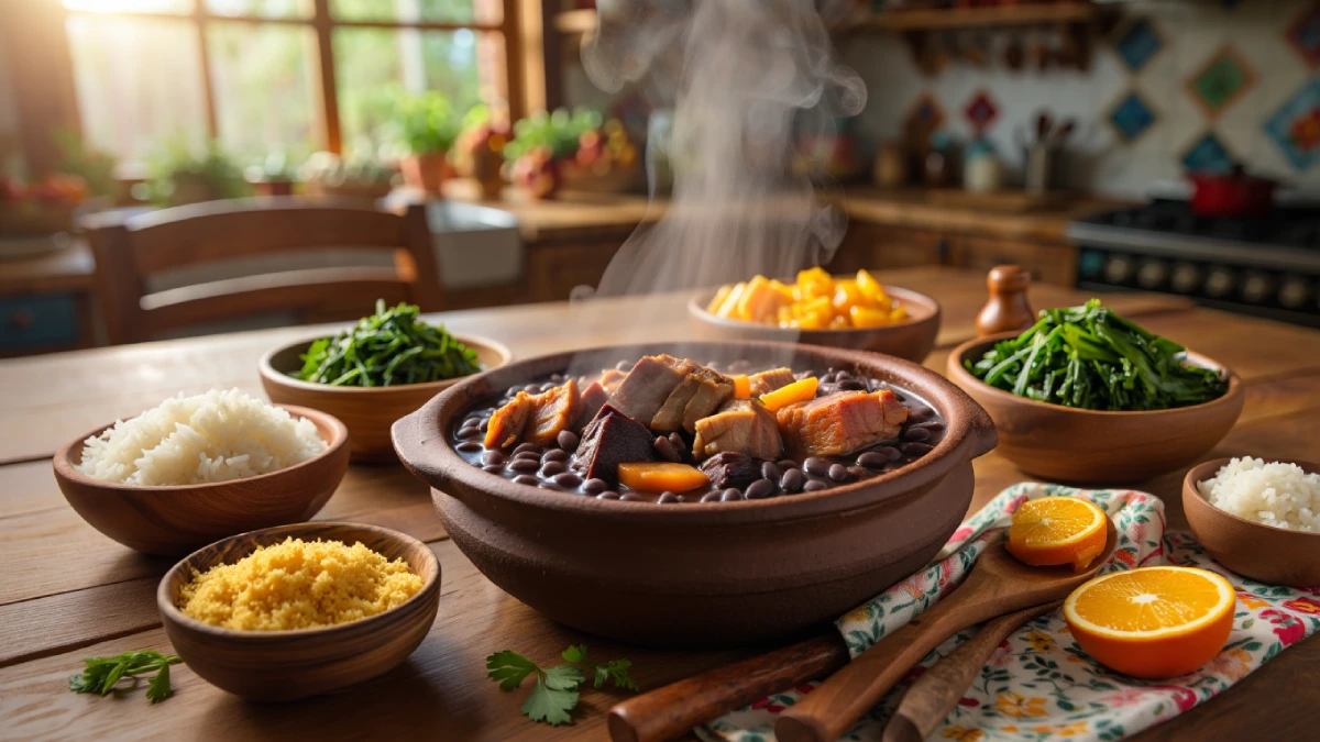 Panela de barro com feijoada sergipana completa, acompanhada de arroz branco, farofa, couve refogada e laranjas frescas.