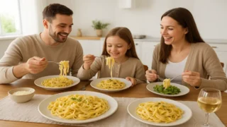 Fettuccine caseiro artesanal servido em prato rústico, com ingredientes frescos e utensílios de cozinha.