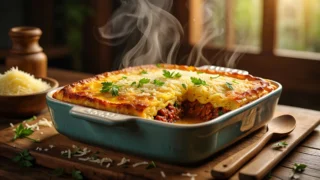 Travessa de gratinado de macaxeira com carne do sol e queijo coalho dourado, em mesa rústica com ingredientes ao redor.