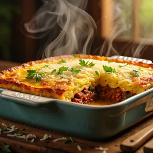 Travessa de gratinado de macaxeira com carne do sol e queijo coalho dourado, em mesa rústica com ingredientes ao redor.
