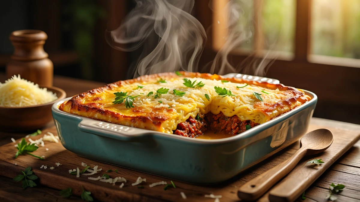 Travessa de gratinado de macaxeira com carne do sol e queijo coalho dourado, em mesa rústica com ingredientes ao redor.