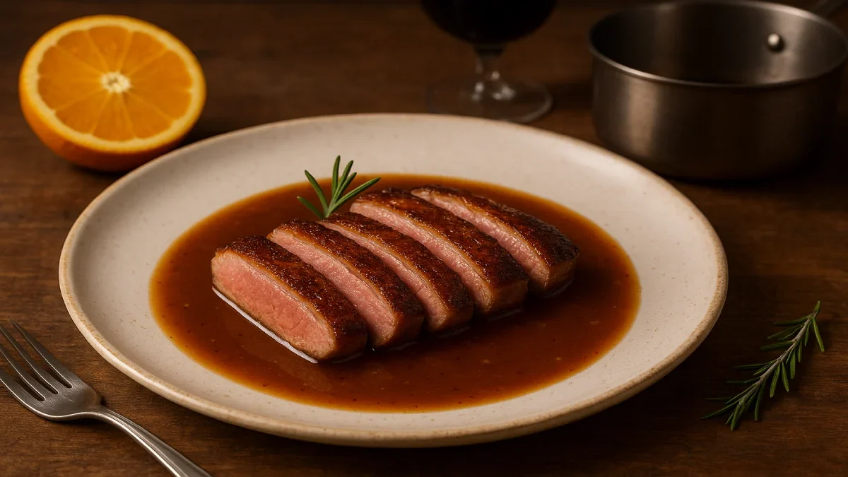 Magret de Pato fatiado com demi-glace de laranja servido em prato elegante.