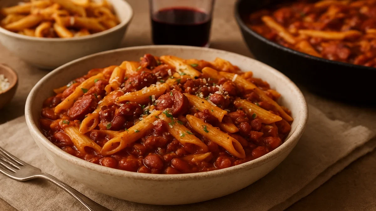 Massas curtas com molhos encorpados de invernoMassa curta com molho encorpado de inverno servida em tigela, prato fumegante e apetitoso.