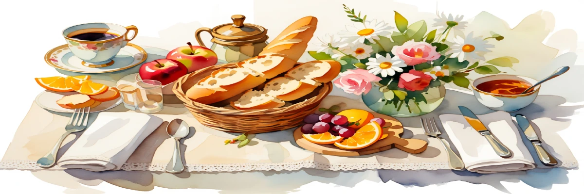 Ilustração em aquarela de mesa de café da manhã posta com xícaras, cesta de pães, frutas coloridas, arranjo de flores, guardanapos, talheres e bandeja de bambu, em estilo delicado.