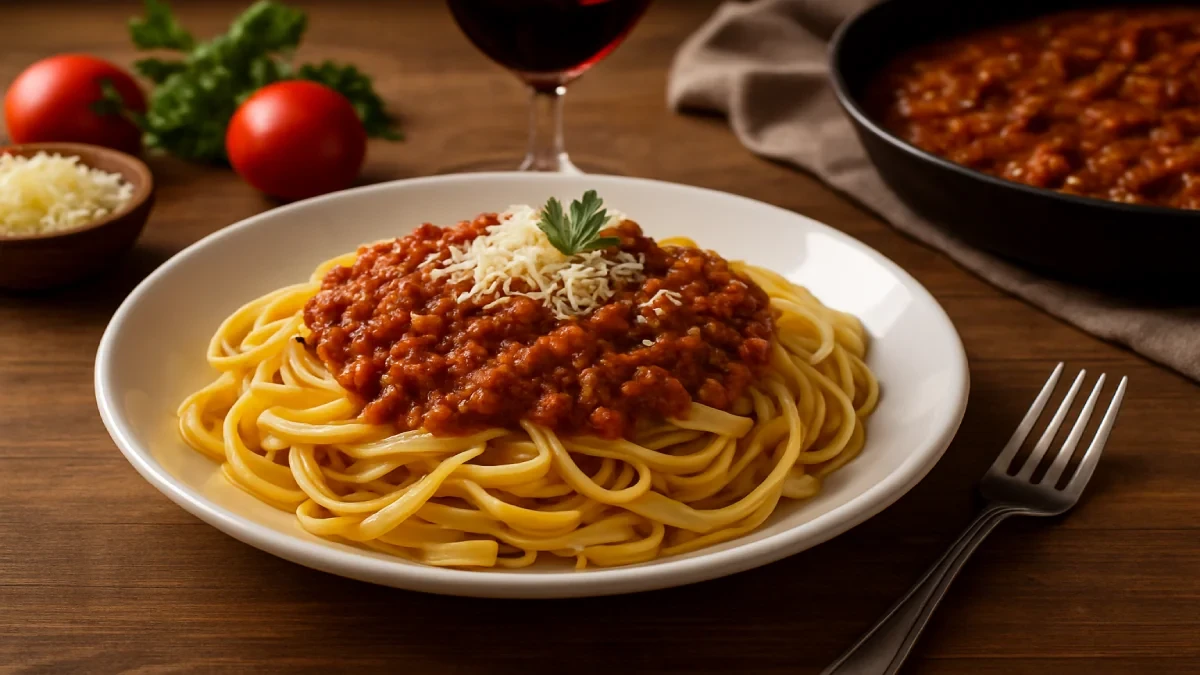 Prato de massa fresca com Molho à Bolonhesa clássico, coberto com parmesão e servido em ambiente aconchegante.