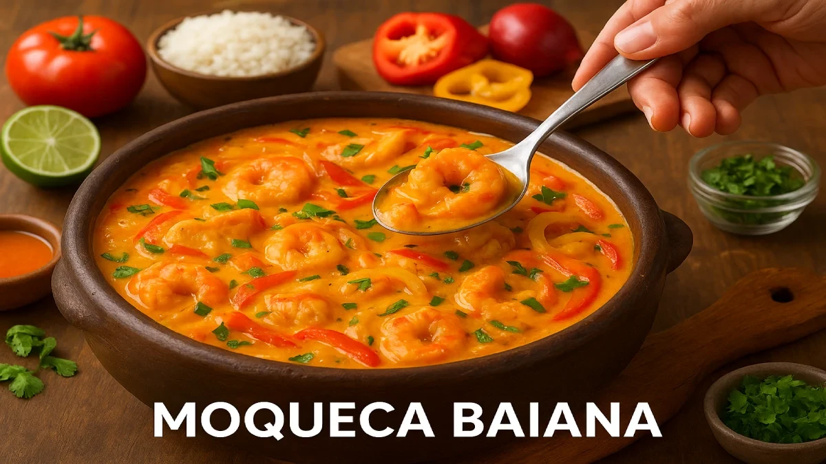 Moqueca Baiana tradicional servida em panela de barro com peixe, dendê e leite de coco.