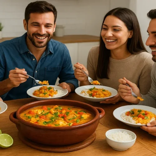 Quatro amigos degustando Moqueca Capixaba leve em ambiente acolhedor, prato colorido servido em panela tradicional com limão e coentro.