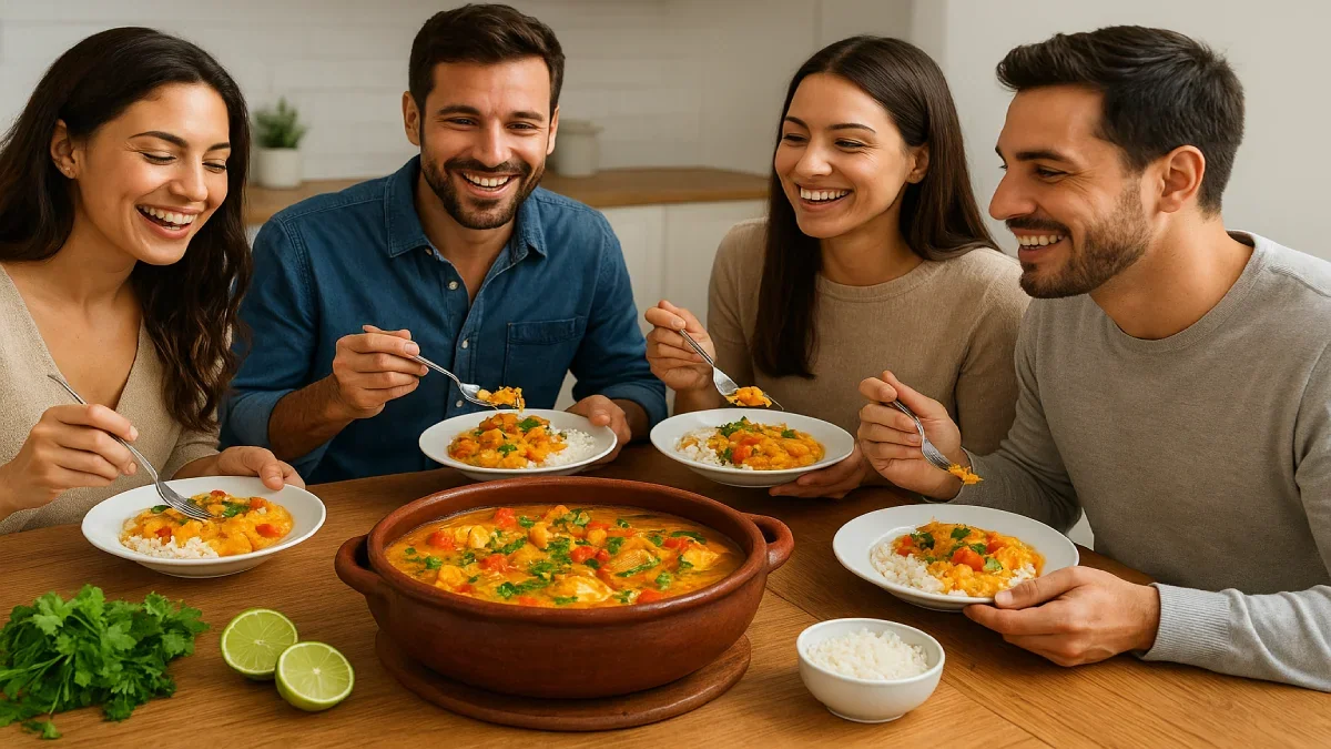 Quatro amigos degustando Moqueca Capixaba leve em ambiente acolhedor, prato colorido servido em panela tradicional com limão e coentro.