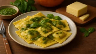 Ravioli recheado de abóbora com queijo coalho e molho de manjericão servido em prato rústico.