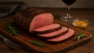 Rosbife fatiado suculento servido em tábua de madeira com ervas frescas.
