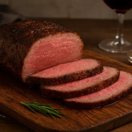 Rosbife caseiro fatiado ao ponto, servido em tábua de madeira com alecrim e molho.