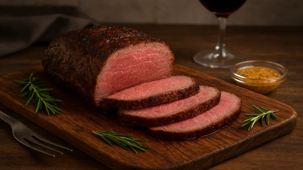 Rosbife fatiado suculento servido em tábua de madeira com ervas frescas.