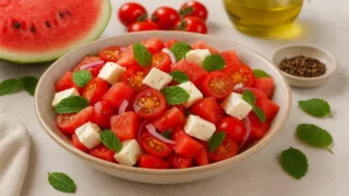 Salada de verão com tomate, melancia e feta servida em tigela com ingredientes frescos ao fundo.
