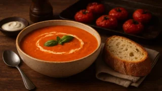 Sopa de tomate assado com cremeTigela rústica de sopa de tomate assado com creme, acompanhada de pão artesanal.