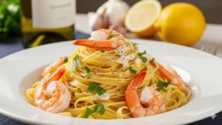 Prato de talharim com camarão ao molho branco cremoso, com camarões grandes, polvilhado com salsa e pimenta-do-reino moída.