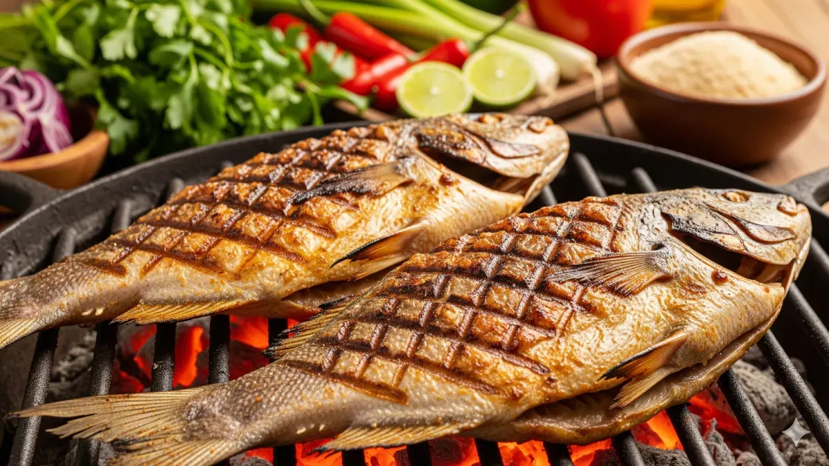 Dois peixes tambaqui inteiros grelhando na brasa, em uma churrasqueira rústica, com limão e temperos ao redor.