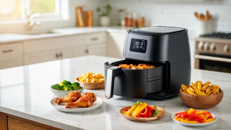 Airfryer moderna em cozinha clean com pratos saudáveis ao redor.