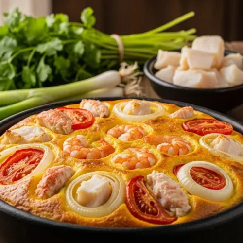 torta capixaba tradicional dourada em panela de ferro fundido com camarões siri e peixe branco visíveis tomate em rodelas cebola cebolinha coentro fresco e jarra de azeite dourado sobre mesa de madeira rústica
