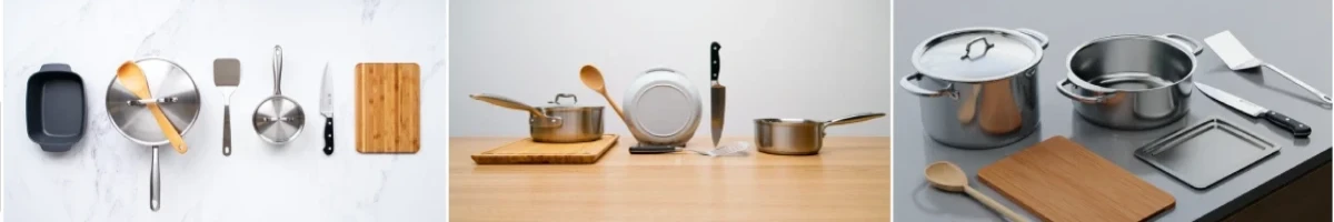 Conjunto de utensílios de cozinha com panelas, facas, tábuas de corte, colheres de madeira e espátulas organizados em bancada.