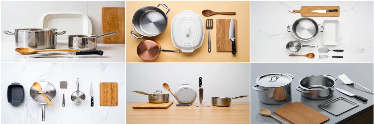 Conjunto de utensílios de cozinha com panelas, facas, tábuas de corte, colheres de madeira e espátulas organizados em bancada.