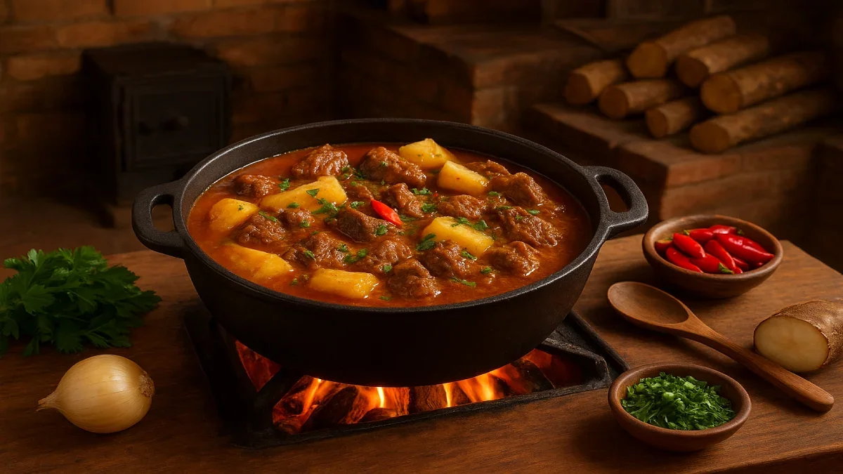 Vaca atolada servida em panela de ferro, com mandioca e carne macia em caldo encorpado.