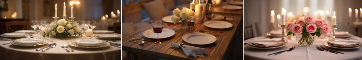 Banner horizontal mostrando inspirações de mesa posta romântica, com pratos brancos, taças de vinho, velas acesas e arranjos florais elegantes.
