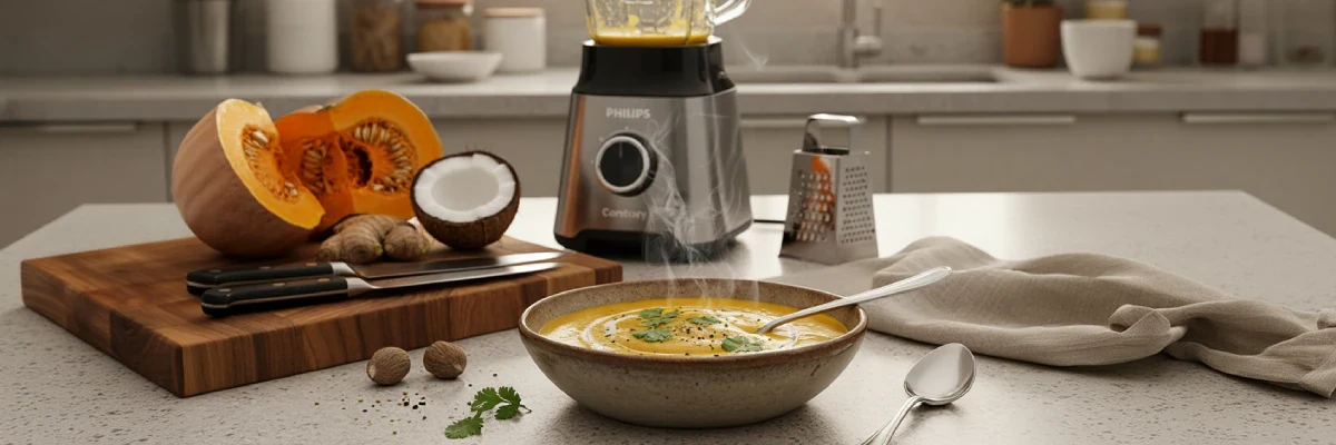 Sopa de abóbora caseira fumegante em tigela rústica, com ingredientes frescos como abóbora, coco e gengibre, e um liquidificador Philips Century em uma cozinha moderna.