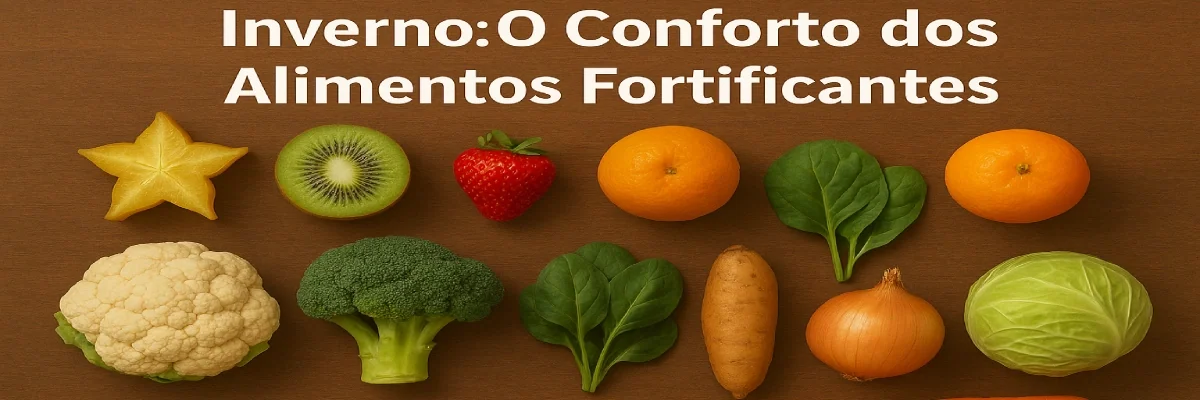 Inverno alimentos fortificantes confortoUma variedade de alimentos típicos do inverno, incluindo couve-flor, brócolis, batata-doce e kiwi, dispostos sobre uma mesa de madeira.