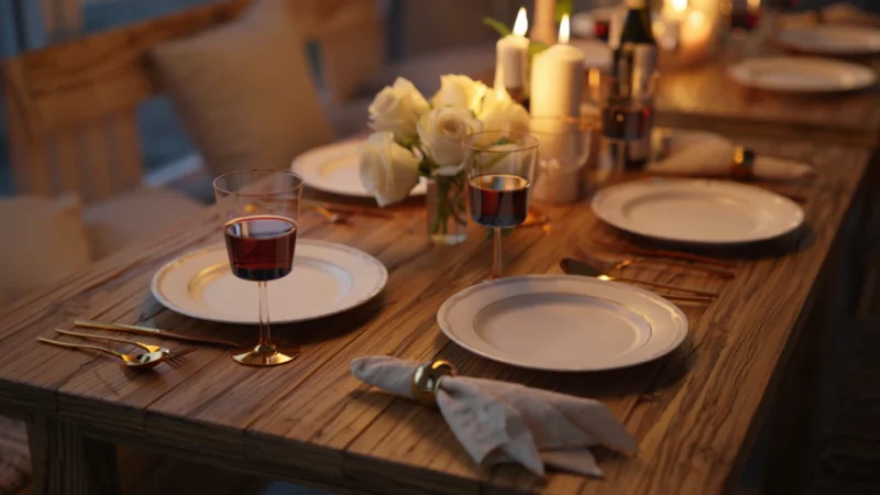 Mesa posta romântica para duas pessoas em madeira rústica, com pratos brancos, taças de vinho tinto, talheres dourados, guardanapos de linho e um arranjo de rosas brancas, iluminada por velas acesas.