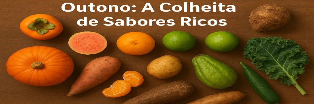 Uma variedade de frutas e vegetais de outono, como abóbora, caqui, goiaba, batata-doce e couve, em um arranjo sobre uma mesa de madeira.