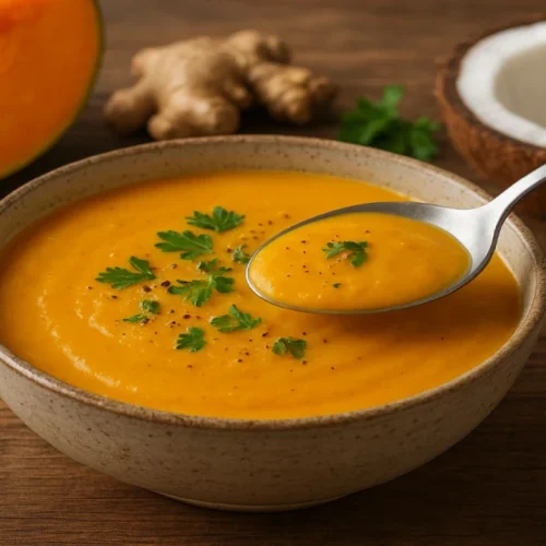 Sopa cremosa de abóbora com gengibre e leite de coco servida em tigela moderna.