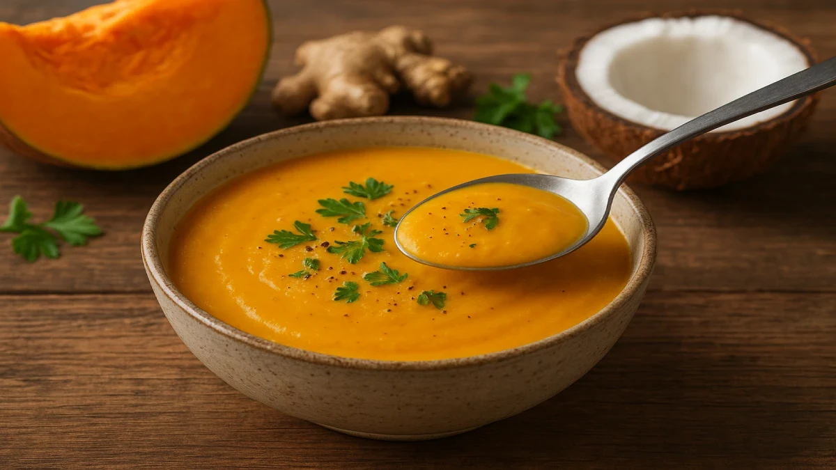 Sopa cremosa de abóbora com gengibre e leite de coco servida em tigela moderna.
