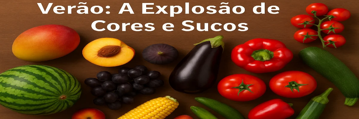 Uma variedade de frutas e vegetais de verão, como manga, melancia, pimentão, tomates e berinjela, em um arranjo colorido e vibrante sobre uma mesa de madeira.