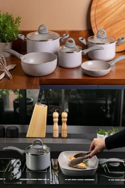 Jogo de Panelas Brinox Ceramic Life – Marble Blend (7 Peças). Eleve o nível das suas receitas com o revestimento Pro-Flon Premium. Ideal para selar proteínas com precisão e garantir o cozimento uniforme em fogões de indução ou a gás