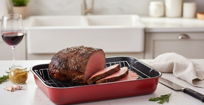Assadeira retangular vermelha com grelha interna em aço inox contendo um rosbife assado fatiado sobre bancada de mármore.