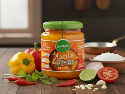 Pote de azeite de dendê QualiCoco com pimentões, tomate, limão e coentro ao fundo, ingredientes da moqueca baiana