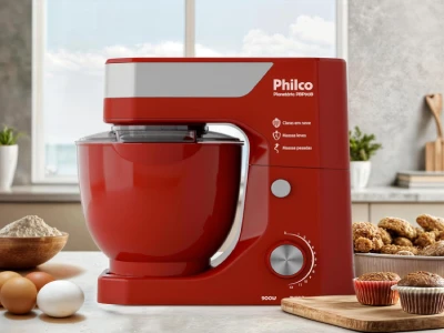 Batedeira planetária Philco 5L cor vermelha com 12 velocidades e potência 900W, tigela em inox, 3 batedores inclusos