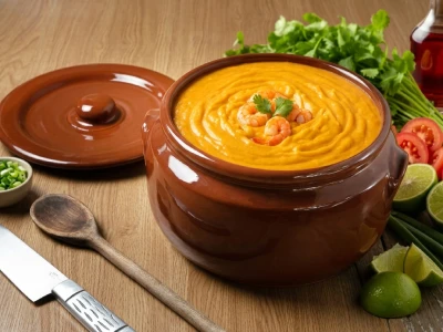 panela de barro tradicional com bobó de camarão cremoso com camarões e coentro servido sobre mesa de madeira com tomate cebolinha e limão ao redor