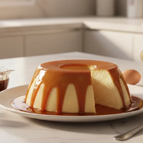 Pudim de leite condensado inteiro com fatia cortada, coberto com calda de caramelo dourada, ovos e lata de leite condensado ao fundo