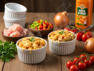 conjunto de ramequins cerâmicos brancos com casquinha de siri gratinada e crosta dourada sobre mesa de madeira com tomate cereja cebola pimentão coentro e azeite de dendê ao redor