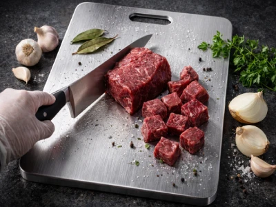 Tábua de corte em aço inox 304 com textura escovada, mostrando preparo de carne de panela com pedaço grande de carne bovina vermelha sendo cortado, cubos já cortados, faca profissional e mão enluvada, alho cebola louro e salsinha ao redor sobre bancada preta