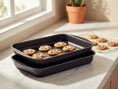 Jogo de assadeiras Tramontina Brasil em alumínio com revestimento antiaderente Starflon Max preto, duas peças, com cookies dourados recém-assados sobre a assadeira